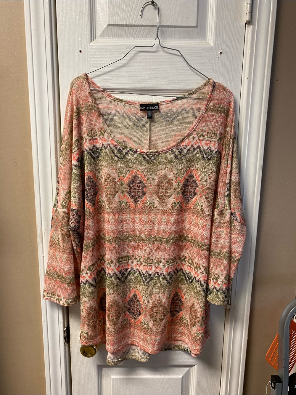 Pink & Olive Patterned Scoop Neck Blouse